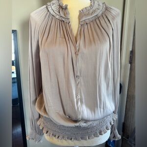 T Tahari Taupe Ruffle-Neck Button-Front Blouse Sz XL